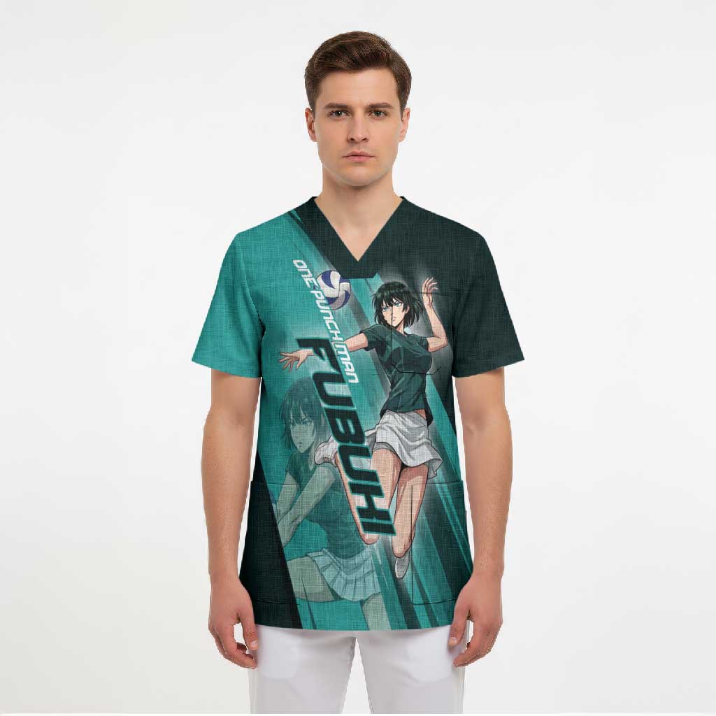 Personalized Fubuki Volleyball Design Scrub Top with Teal Athletic Theme and Dynamic Action Pose