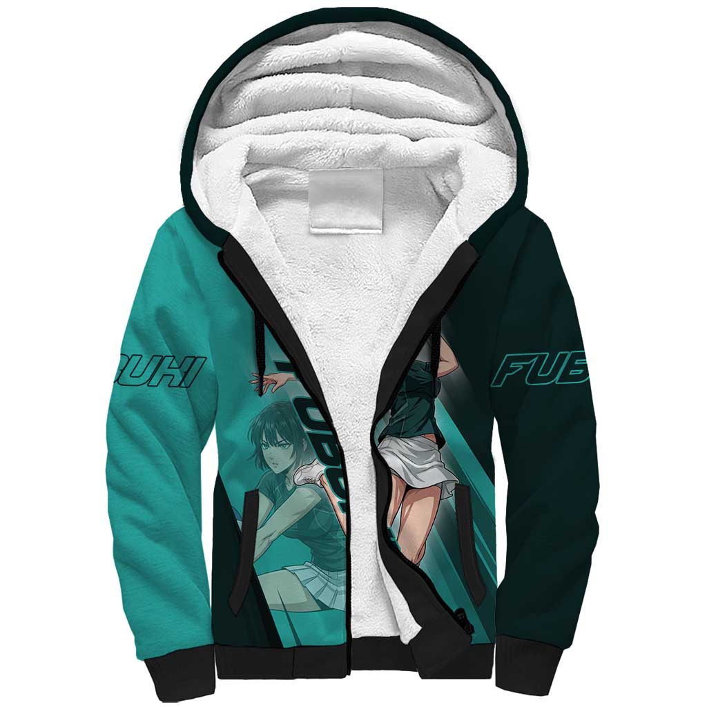 Personalized Fubuki Volleyball Design Sherpa Hoodie with Teal Athletic Theme and Dynamic Action Pose