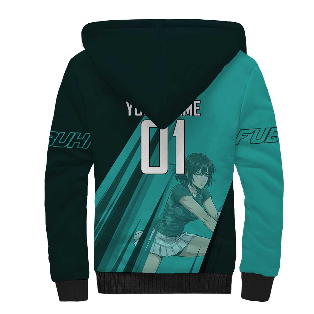Personalized Fubuki Volleyball Design Sherpa Hoodie with Teal Athletic Theme and Dynamic Action Pose