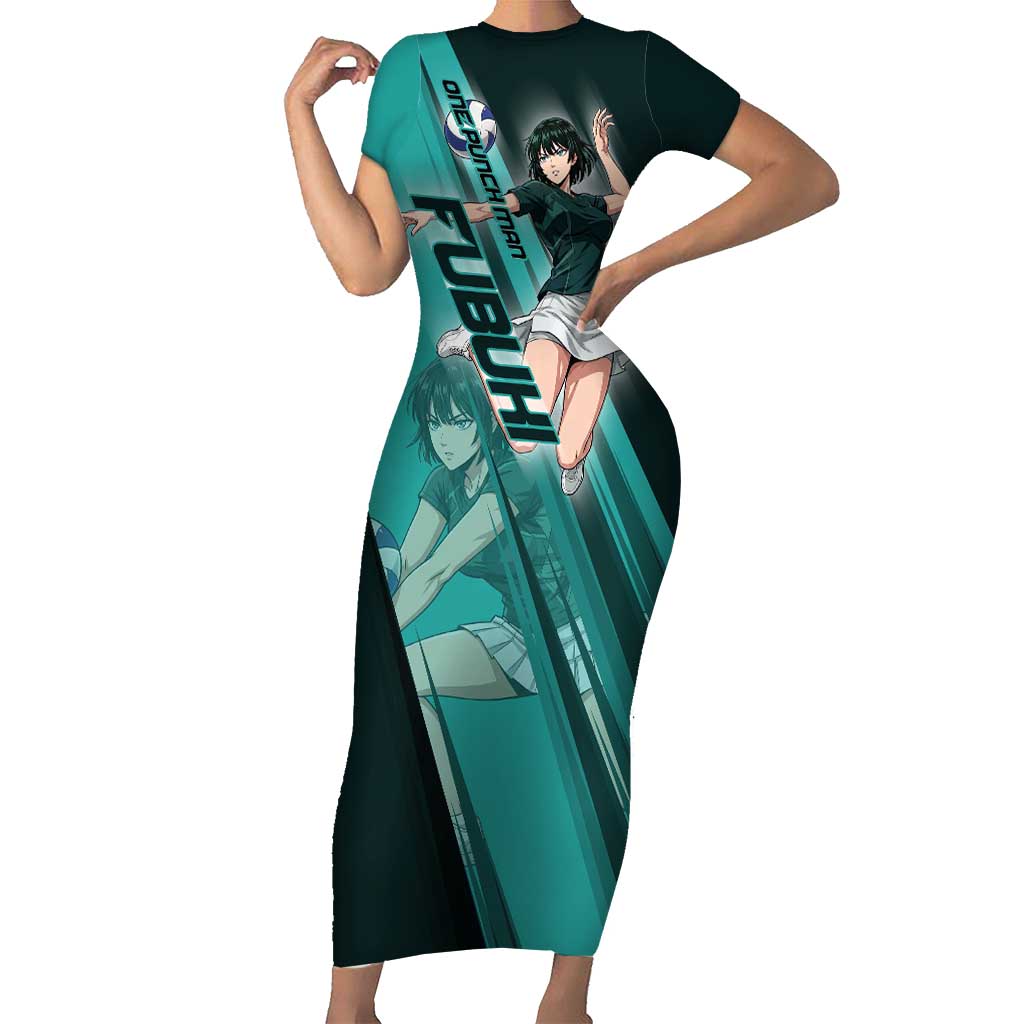 Personalized Fubuki Volleyball Design Short Sleeve Bodycon Dress with Teal Athletic Theme and Dynamic Action Pose