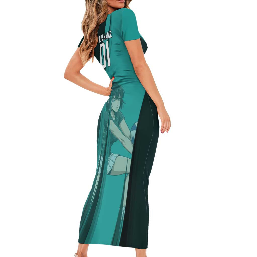 Personalized Fubuki Volleyball Design Short Sleeve Bodycon Dress with Teal Athletic Theme and Dynamic Action Pose