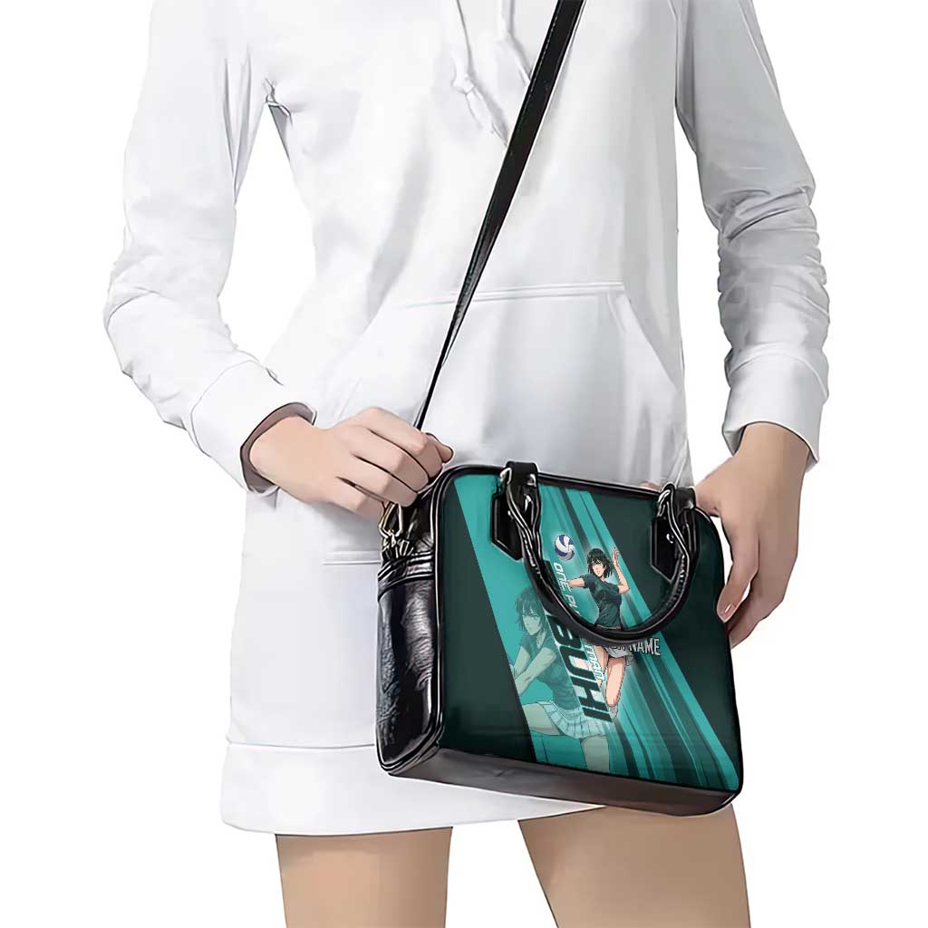 Personalized Fubuki Volleyball Design Shoulder Handbag with Teal Athletic Theme and Dynamic Action Pose