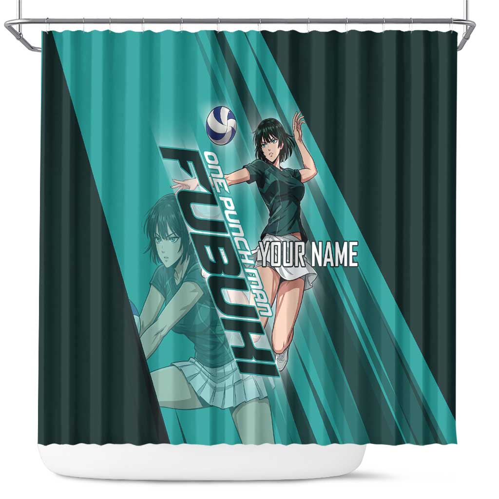 Personalized Fubuki Volleyball Design Shower Curtain with Teal Athletic Theme and Dynamic Action Pose