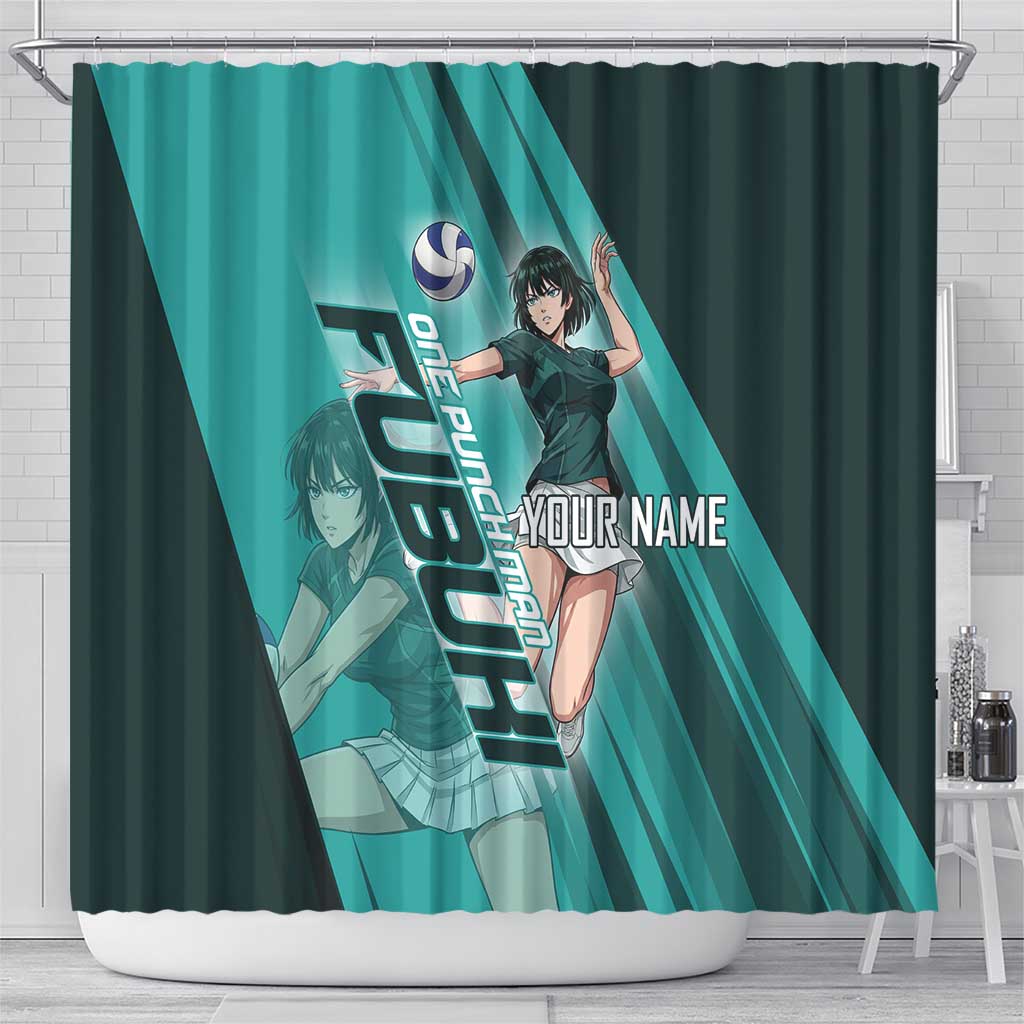 Personalized Fubuki Volleyball Design Shower Curtain with Teal Athletic Theme and Dynamic Action Pose