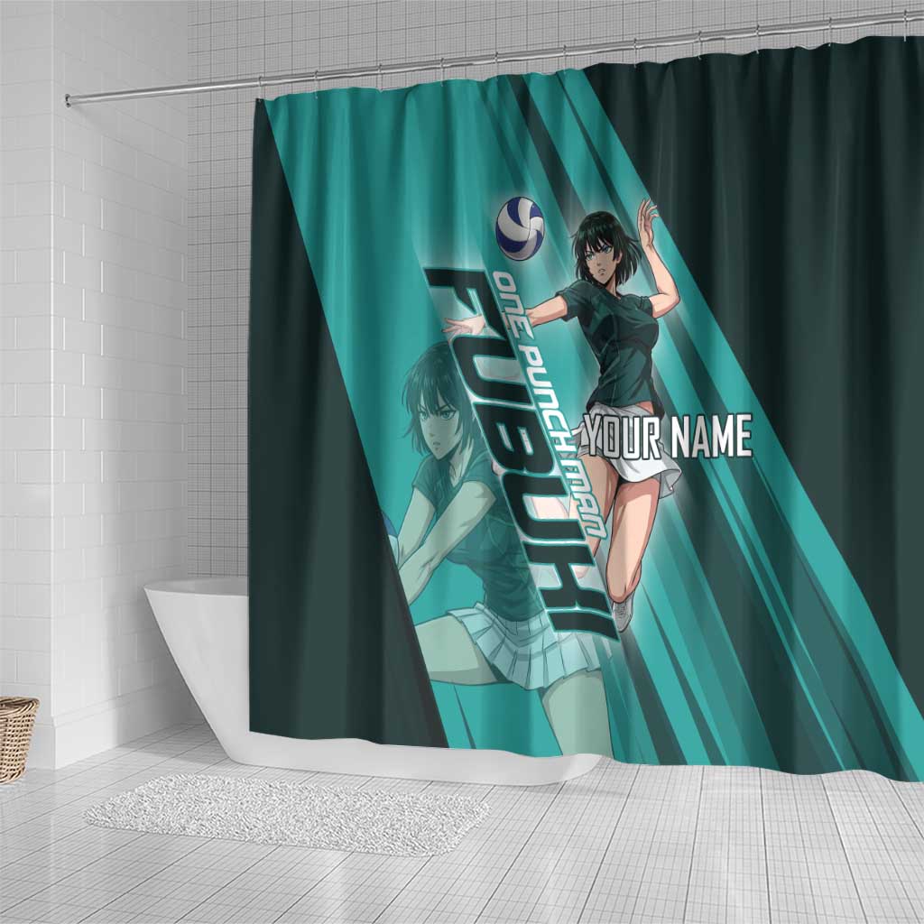 Personalized Fubuki Volleyball Design Shower Curtain with Teal Athletic Theme and Dynamic Action Pose