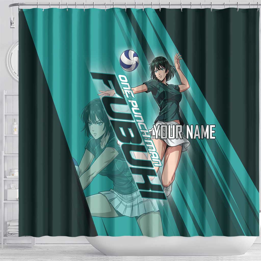 Personalized Fubuki Volleyball Design Shower Curtain with Teal Athletic Theme and Dynamic Action Pose