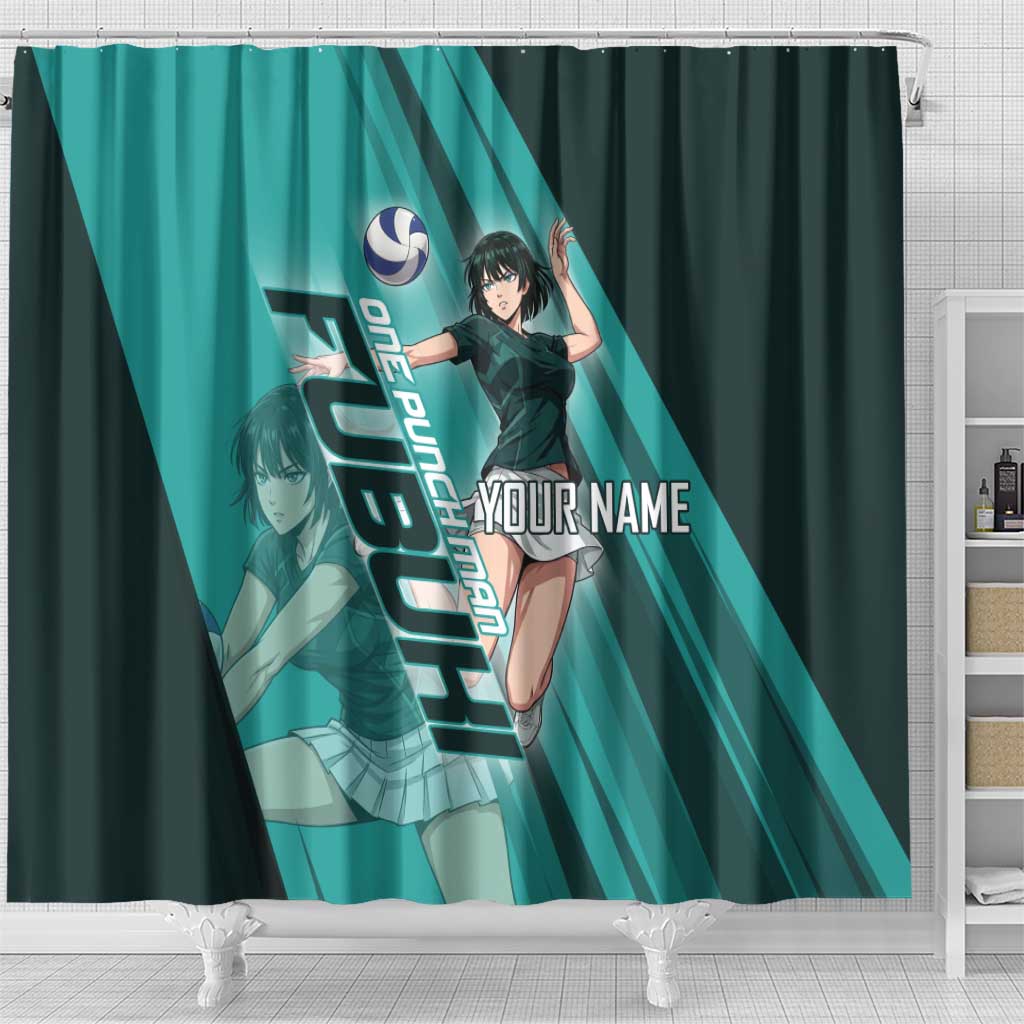 Personalized Fubuki Volleyball Design Shower Curtain with Teal Athletic Theme and Dynamic Action Pose