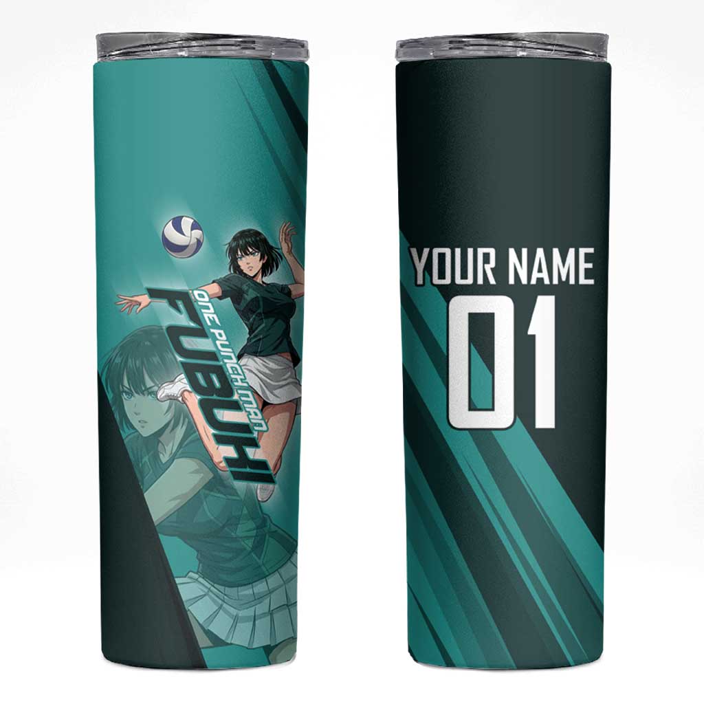 Personalized Fubuki Volleyball Design Skinny Tumbler with Teal Athletic Theme and Dynamic Action Pose