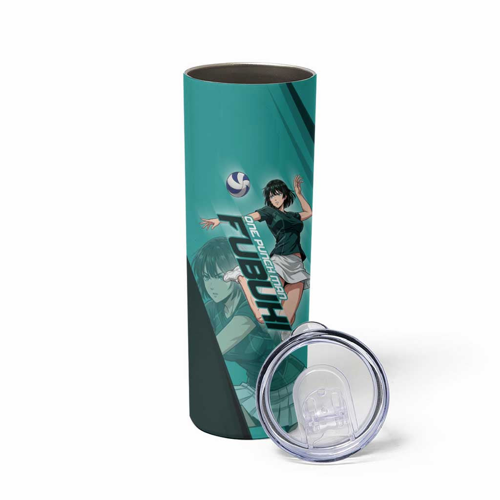 Personalized Fubuki Volleyball Design Skinny Tumbler with Teal Athletic Theme and Dynamic Action Pose