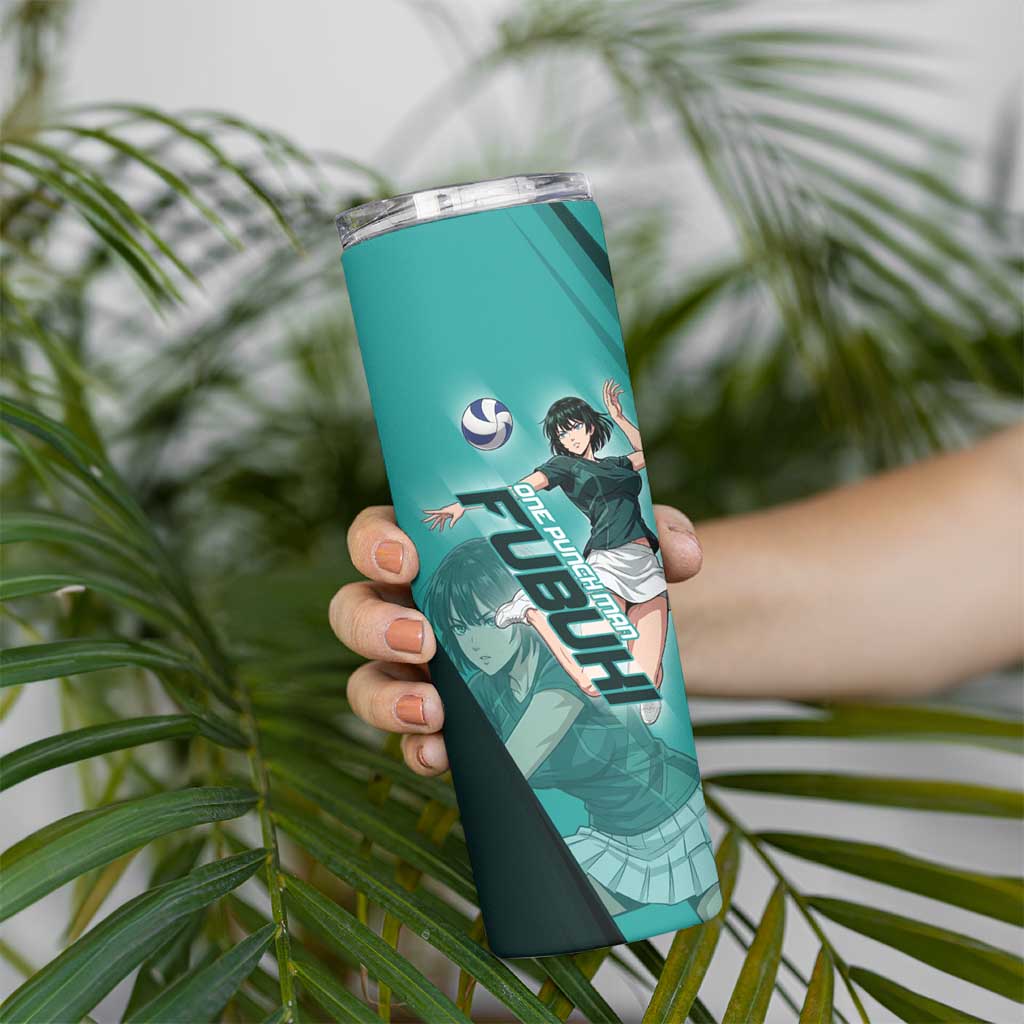 Personalized Fubuki Volleyball Design Skinny Tumbler with Teal Athletic Theme and Dynamic Action Pose