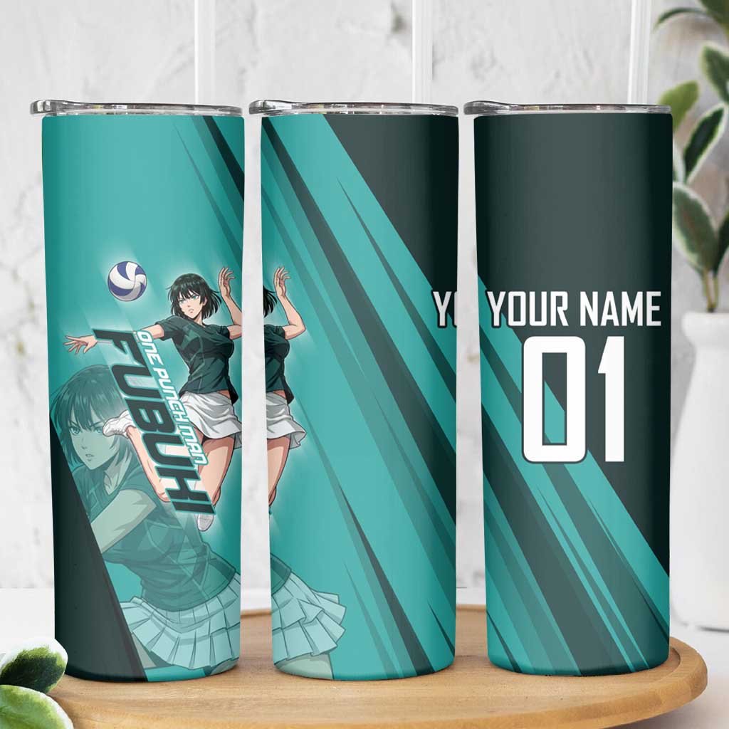 Personalized Fubuki Volleyball Design Skinny Tumbler with Teal Athletic Theme and Dynamic Action Pose