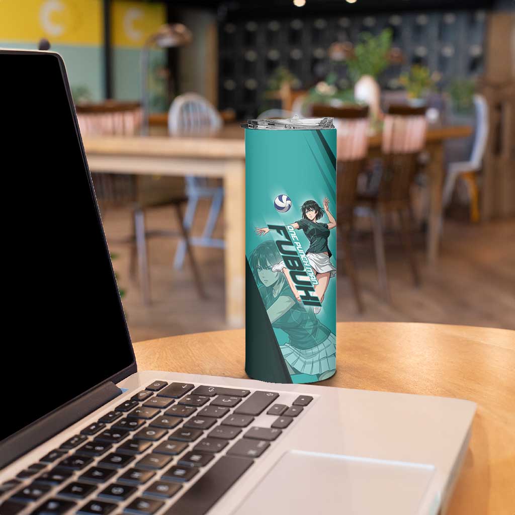 Personalized Fubuki Volleyball Design Skinny Tumbler with Teal Athletic Theme and Dynamic Action Pose