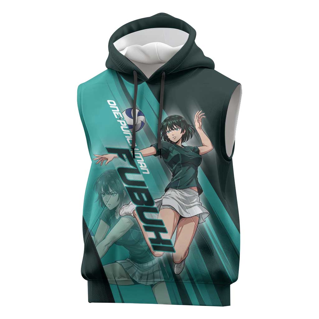 Personalized Fubuki Volleyball Design Sleeveless Hoodie with Teal Athletic Theme and Dynamic Action Pose