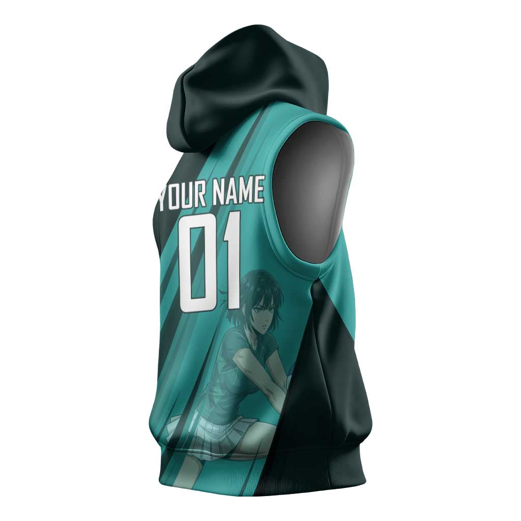 Personalized Fubuki Volleyball Design Sleeveless Hoodie with Teal Athletic Theme and Dynamic Action Pose