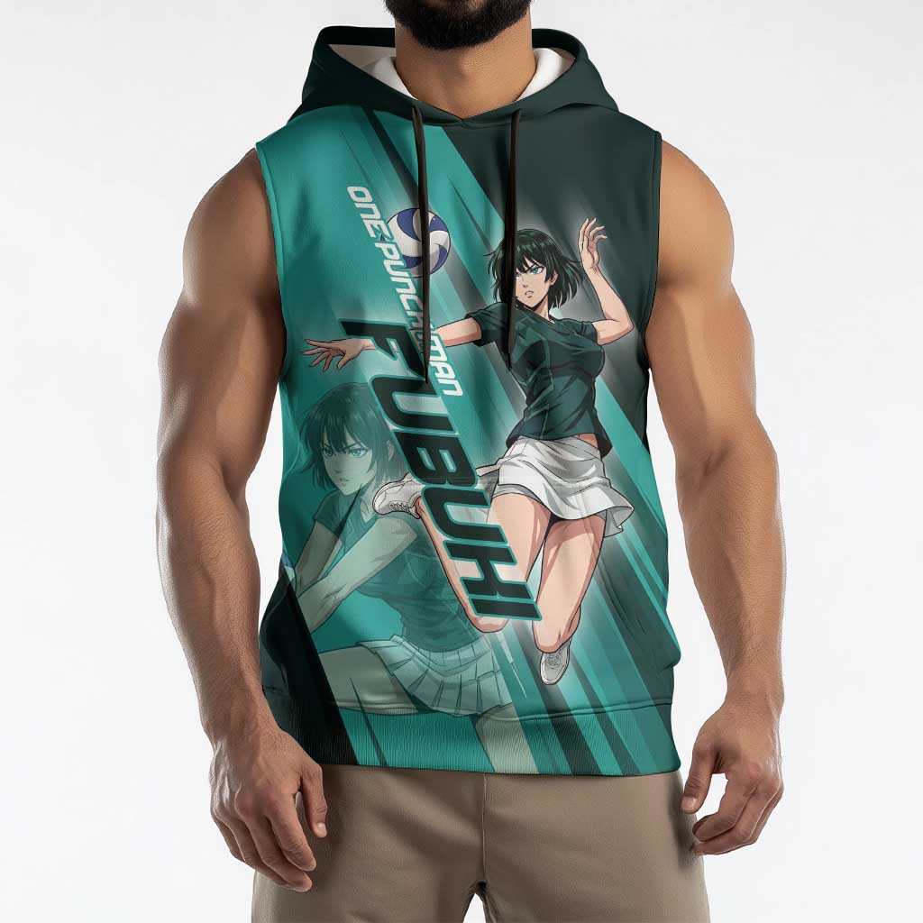 Personalized Fubuki Volleyball Design Sleeveless Hoodie with Teal Athletic Theme and Dynamic Action Pose