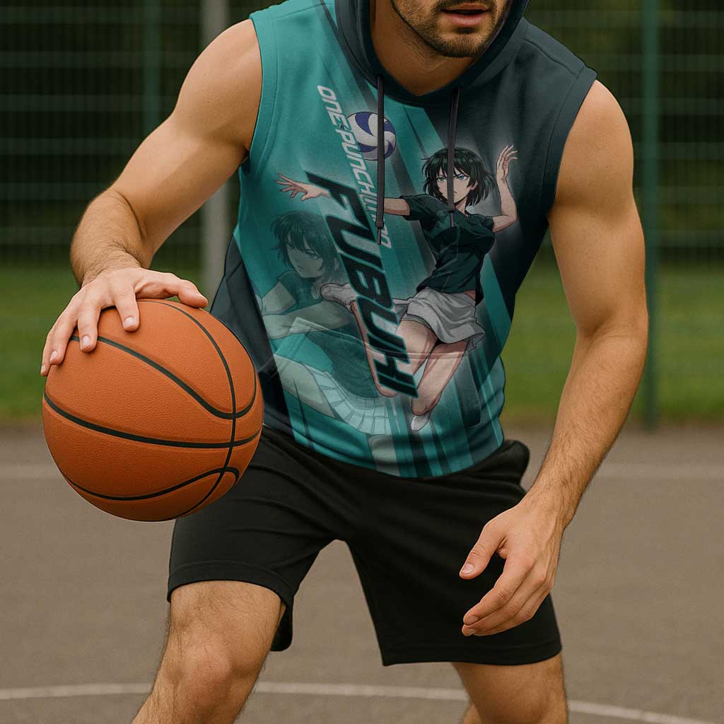 Personalized Fubuki Volleyball Design Sleeveless Hoodie with Teal Athletic Theme and Dynamic Action Pose
