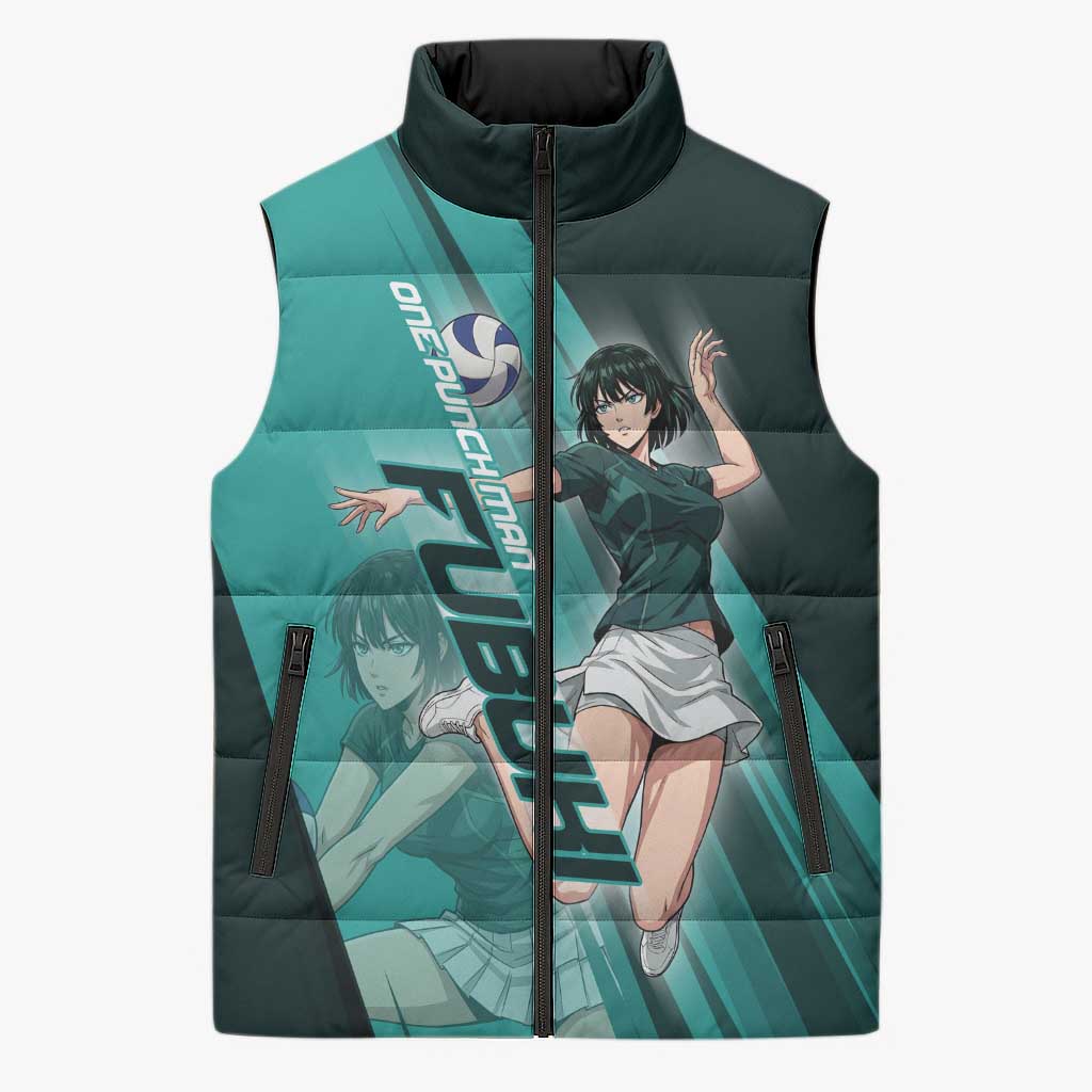 Personalized Fubuki Volleyball Design Sleeveless Puffer Jacket with Teal Athletic Theme and Dynamic Action Pose