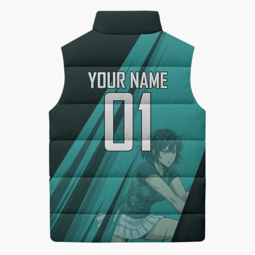 Personalized Fubuki Volleyball Design Sleeveless Puffer Jacket with Teal Athletic Theme and Dynamic Action Pose