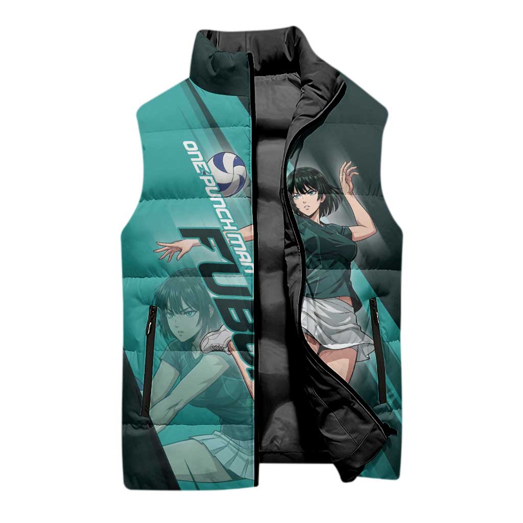 Personalized Fubuki Volleyball Design Sleeveless Puffer Jacket with Teal Athletic Theme and Dynamic Action Pose