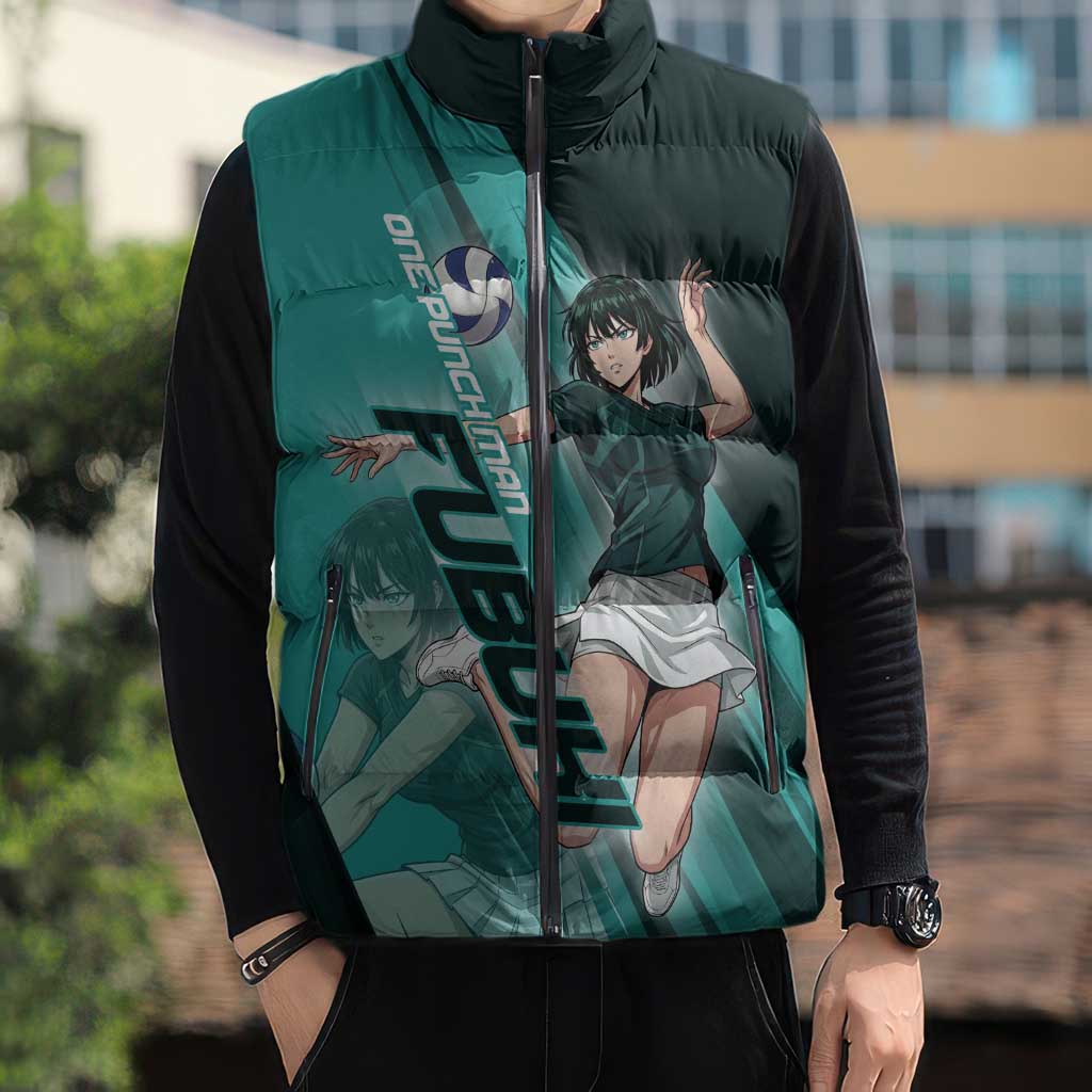 Personalized Fubuki Volleyball Design Sleeveless Puffer Jacket with Teal Athletic Theme and Dynamic Action Pose