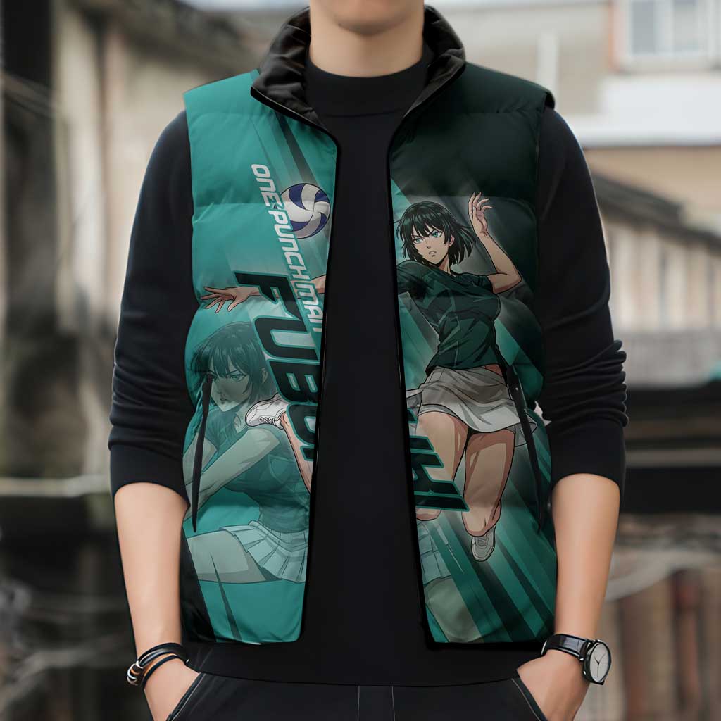 Personalized Fubuki Volleyball Design Sleeveless Puffer Jacket with Teal Athletic Theme and Dynamic Action Pose