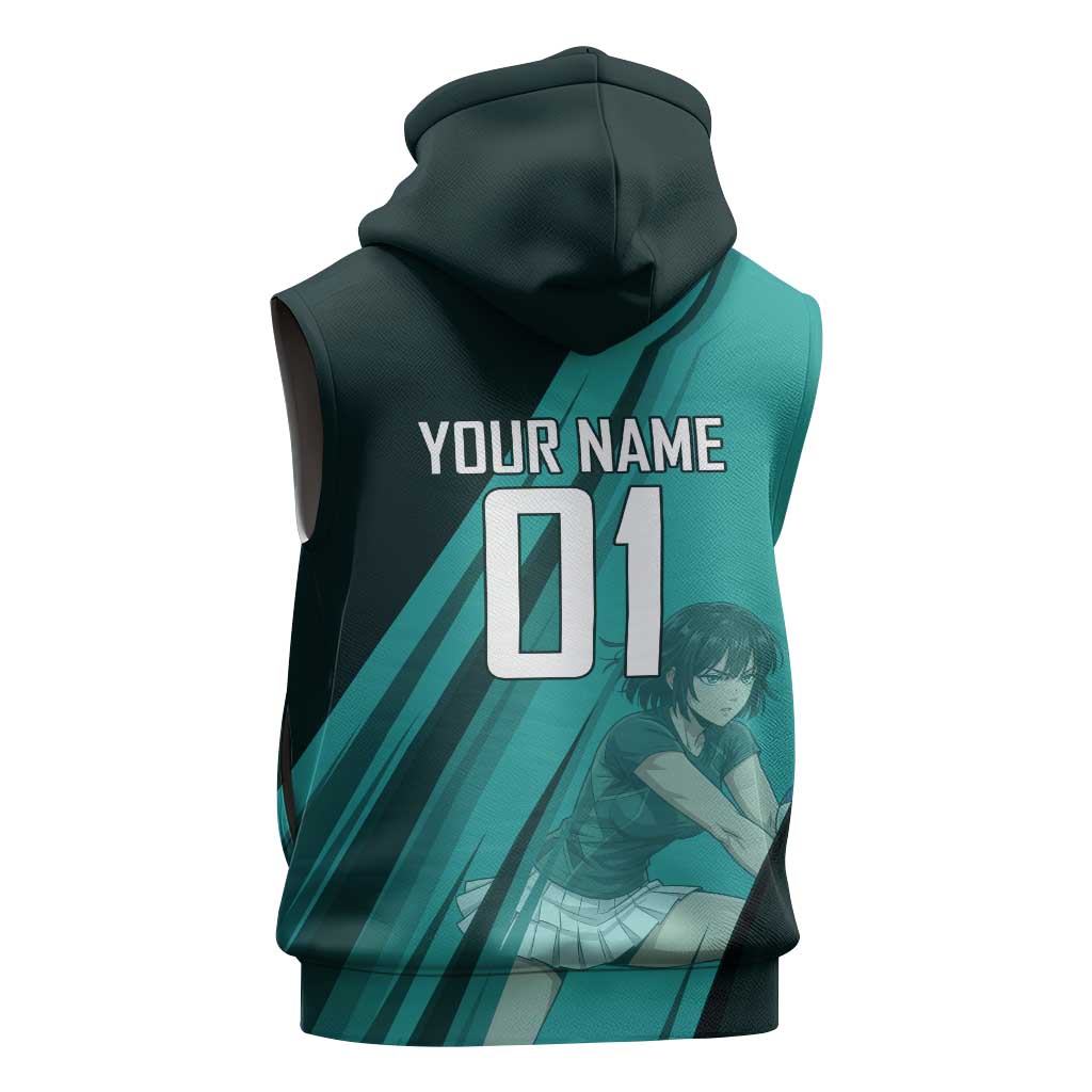 Personalized Fubuki Volleyball Design Sleeveless Zip Hoodie with Teal Athletic Theme and Dynamic Action Pose