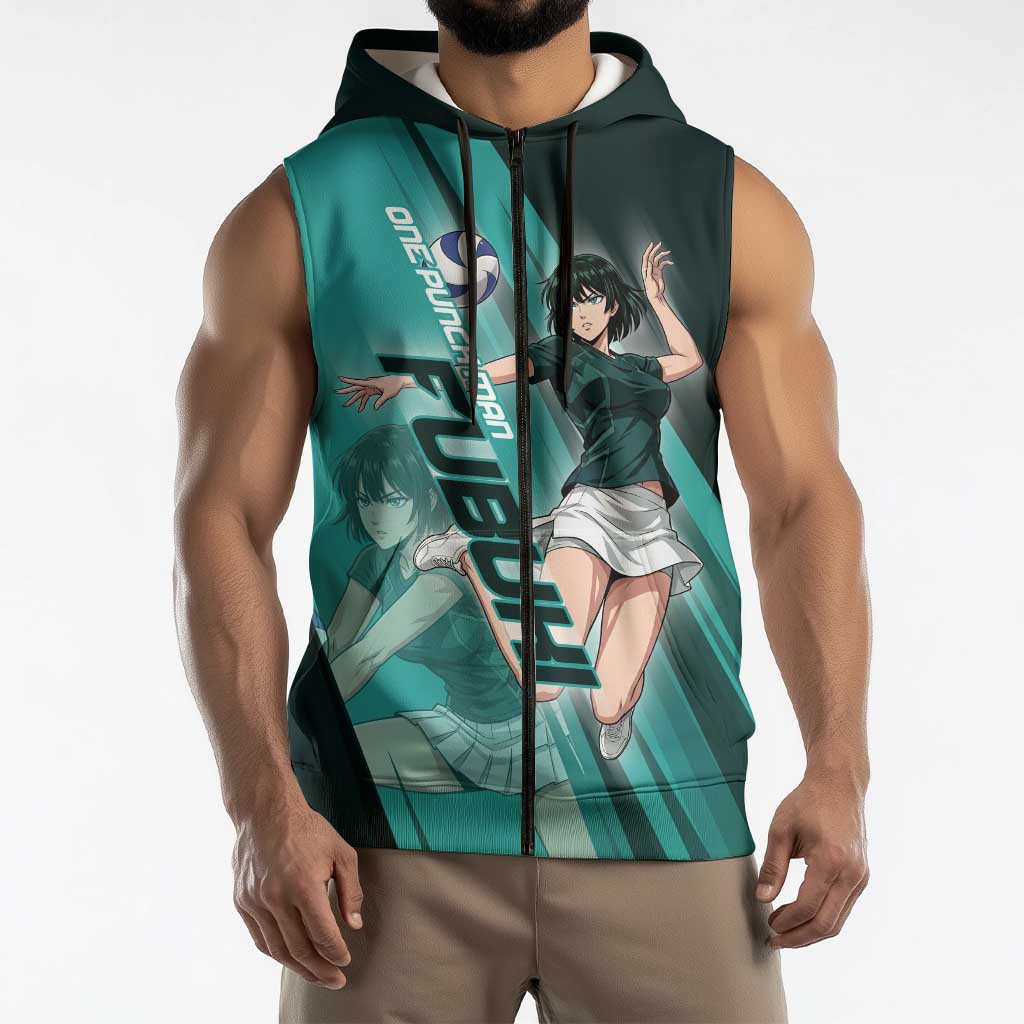 Personalized Fubuki Volleyball Design Sleeveless Zip Hoodie with Teal Athletic Theme and Dynamic Action Pose