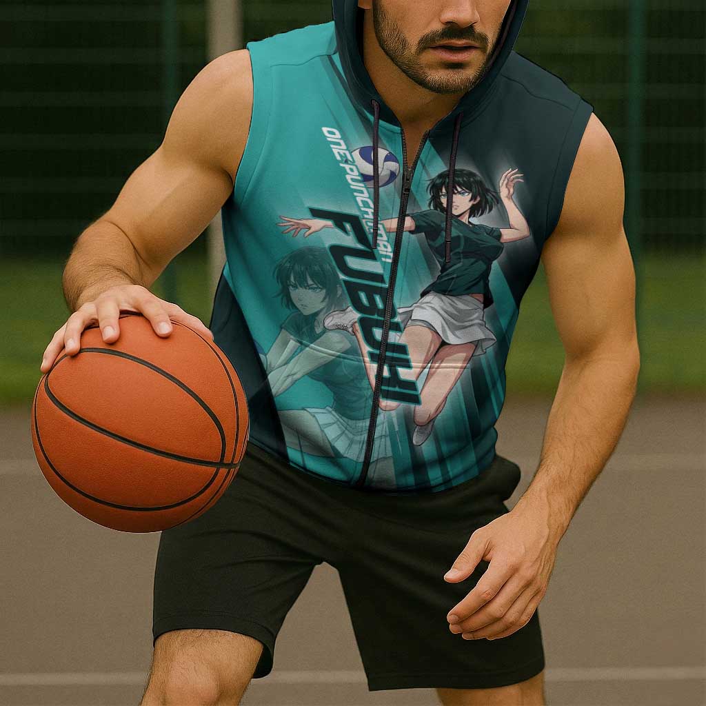 Personalized Fubuki Volleyball Design Sleeveless Zip Hoodie with Teal Athletic Theme and Dynamic Action Pose