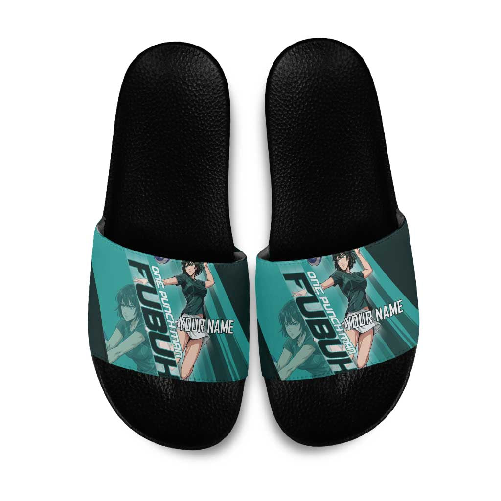 Personalized Fubuki Volleyball Design Slide Sandals with Teal Athletic Theme and Dynamic Action Pose