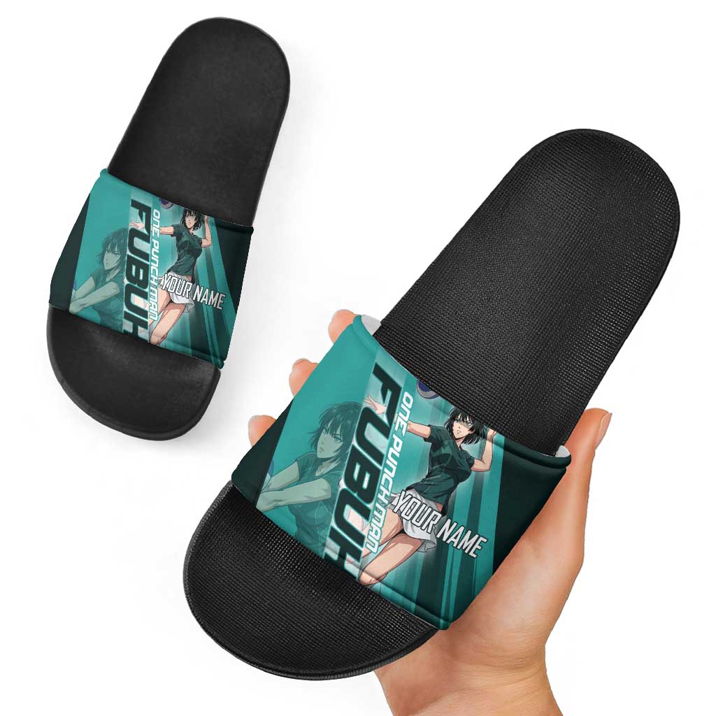 Personalized Fubuki Volleyball Design Slide Sandals with Teal Athletic Theme and Dynamic Action Pose