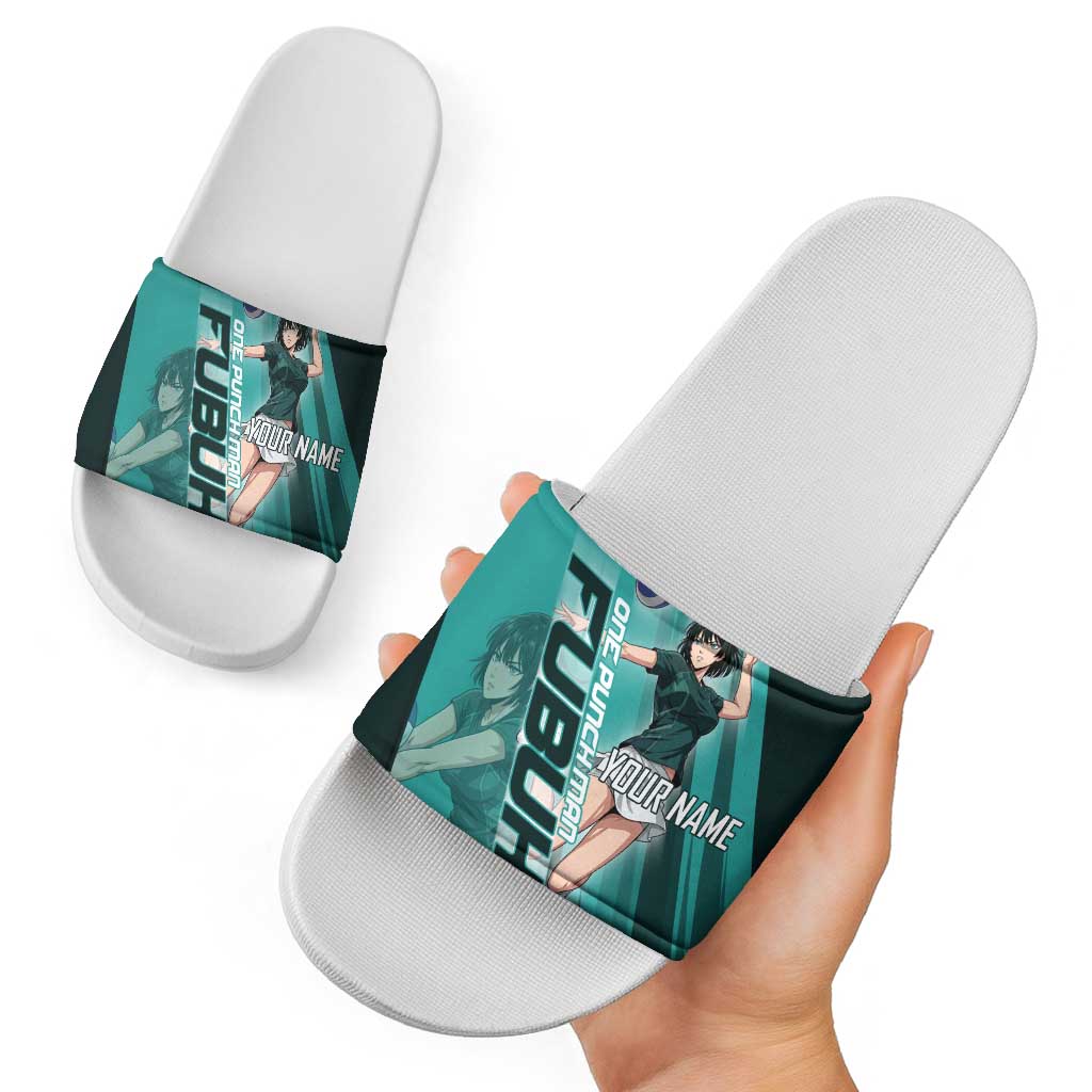 Personalized Fubuki Volleyball Design Slide Sandals with Teal Athletic Theme and Dynamic Action Pose