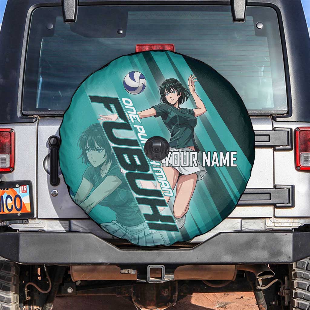 Personalized Fubuki Volleyball Design Spare Tire Cover with Teal Athletic Theme and Dynamic Action Pose