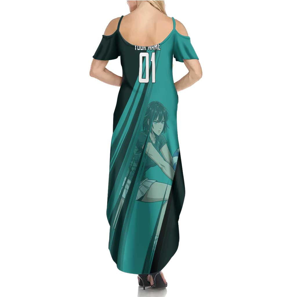 Personalized Fubuki Volleyball Design Summer Maxi Dress with Teal Athletic Theme and Dynamic Action Pose