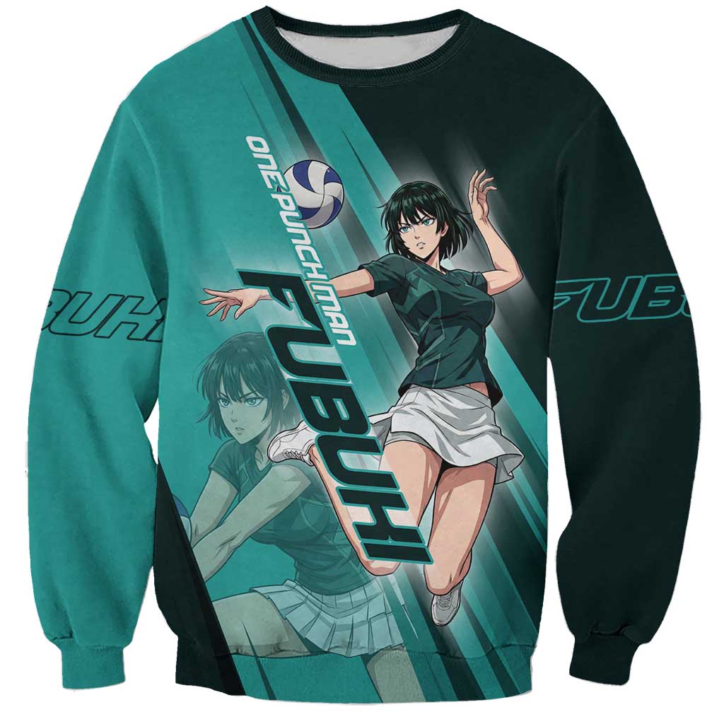 Personalized Fubuki Volleyball Design Sweatshirt with Teal Athletic Theme and Dynamic Action Pose