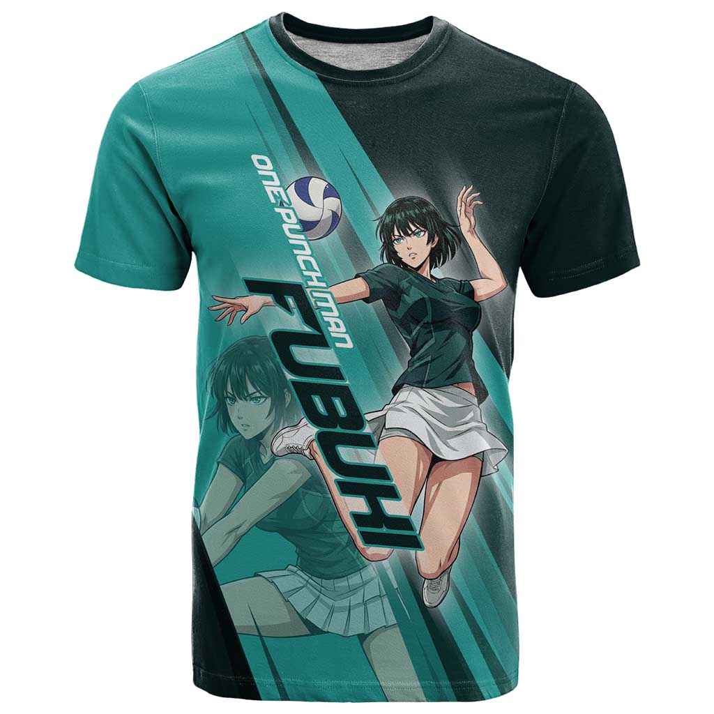 Personalized Fubuki Volleyball Design T Shirt with Teal Athletic Theme and Dynamic Action Pose
