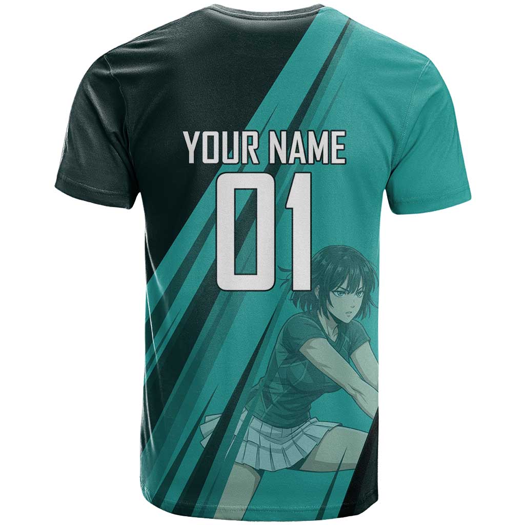 Personalized Fubuki Volleyball Design T Shirt with Teal Athletic Theme and Dynamic Action Pose