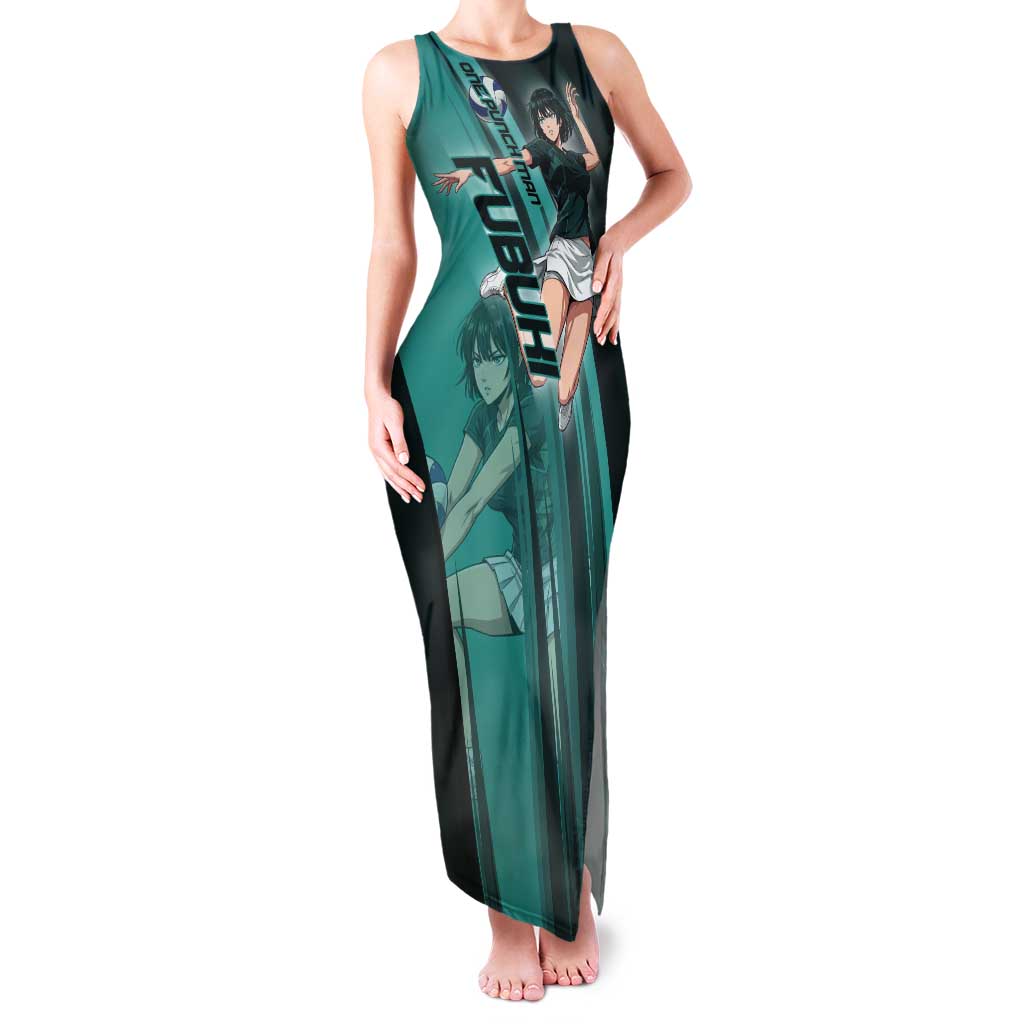 Personalized Fubuki Volleyball Design Tank Maxi Dress with Teal Athletic Theme and Dynamic Action Pose