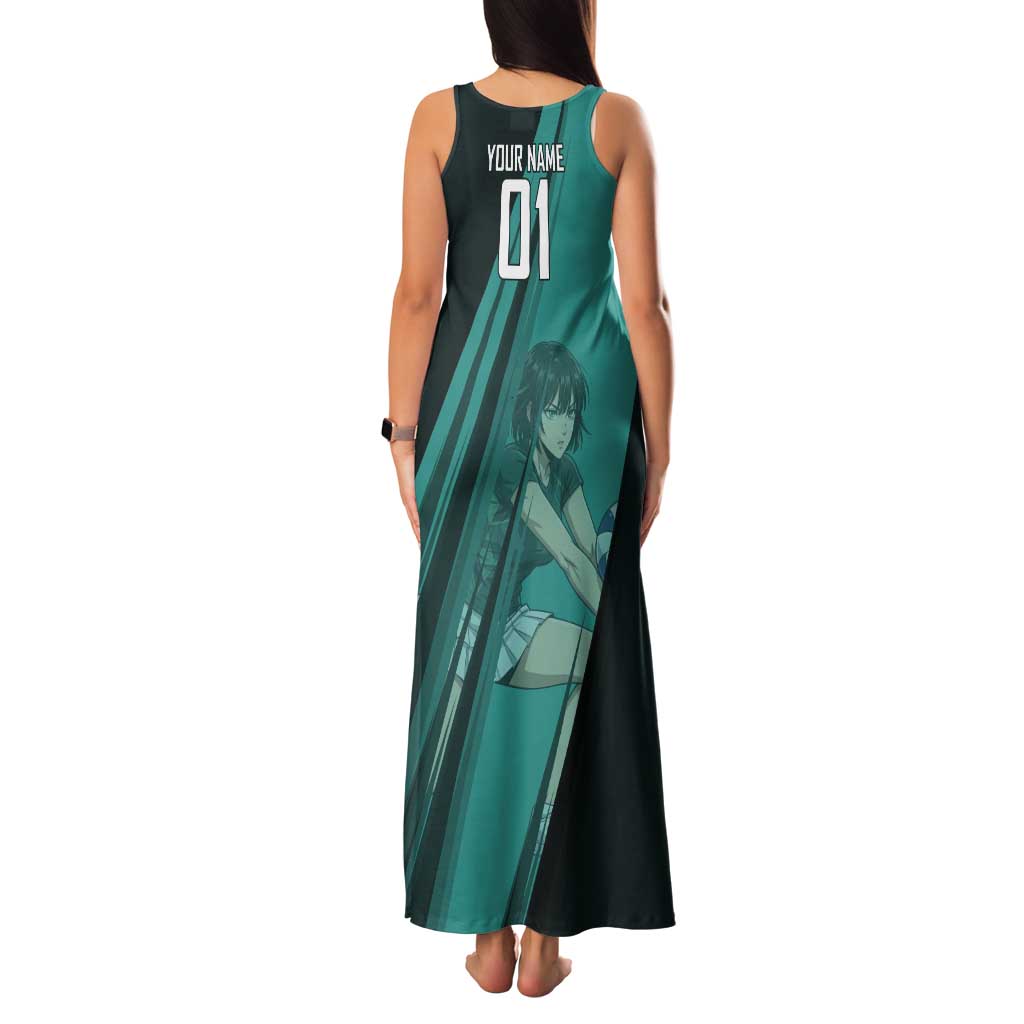 Personalized Fubuki Volleyball Design Tank Maxi Dress with Teal Athletic Theme and Dynamic Action Pose