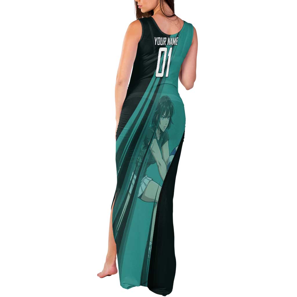 Personalized Fubuki Volleyball Design Tank Maxi Dress with Teal Athletic Theme and Dynamic Action Pose