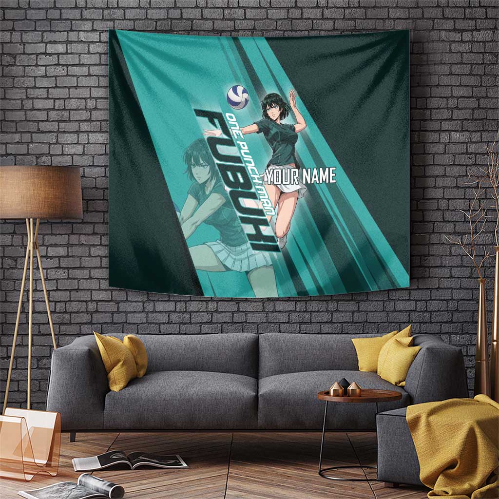 Personalized Fubuki Volleyball Design Tapestry with Teal Athletic Theme and Dynamic Action Pose