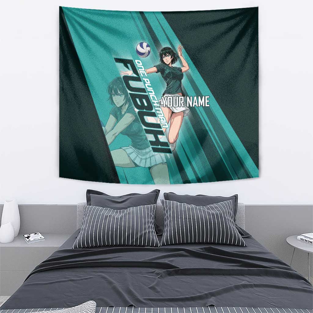 Personalized Fubuki Volleyball Design Tapestry with Teal Athletic Theme and Dynamic Action Pose