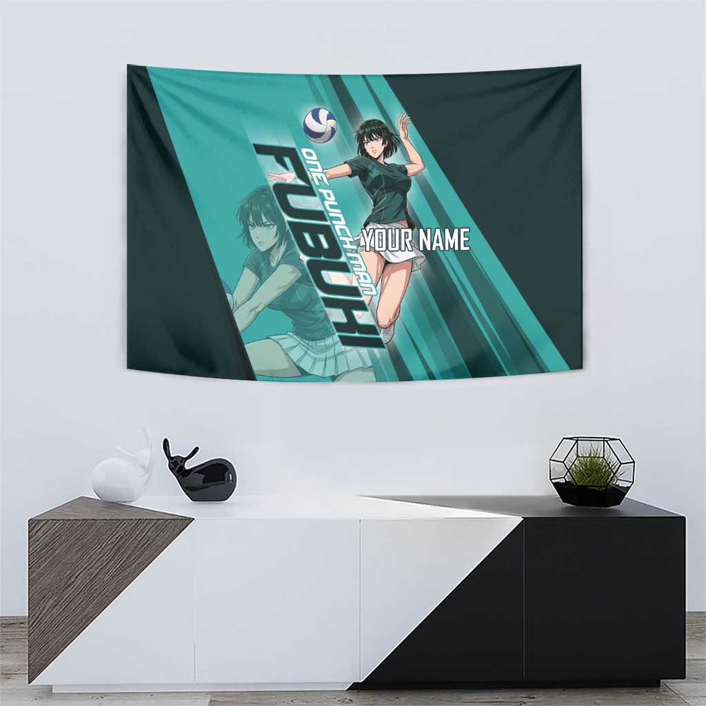 Personalized Fubuki Volleyball Design Tapestry with Teal Athletic Theme and Dynamic Action Pose