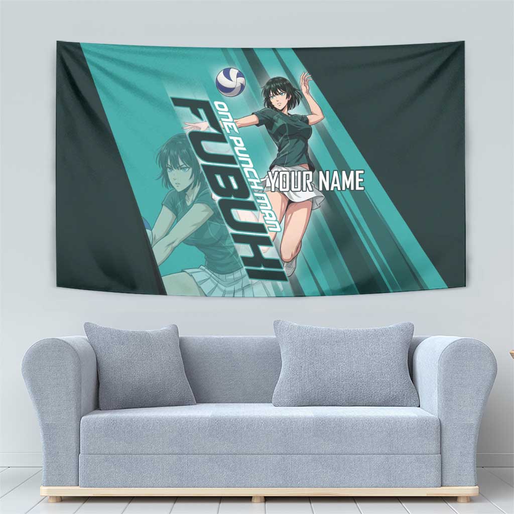 Personalized Fubuki Volleyball Design Tapestry with Teal Athletic Theme and Dynamic Action Pose