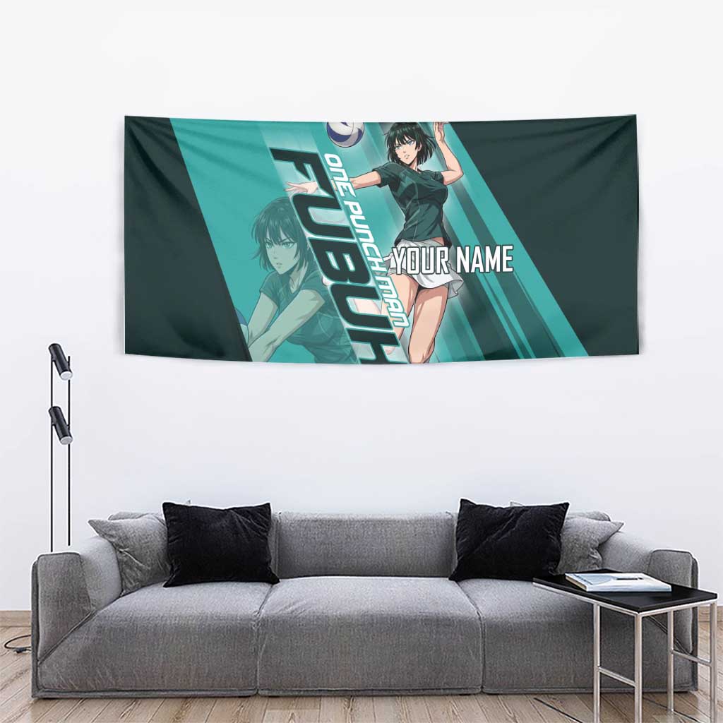 Personalized Fubuki Volleyball Design Tapestry with Teal Athletic Theme and Dynamic Action Pose