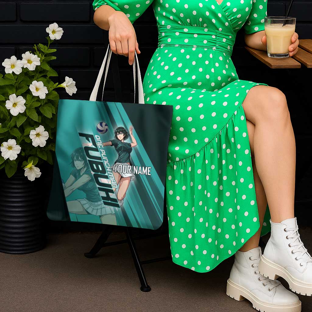 Personalized Fubuki Volleyball Design Tote Bag with Teal Athletic Theme and Dynamic Action Pose