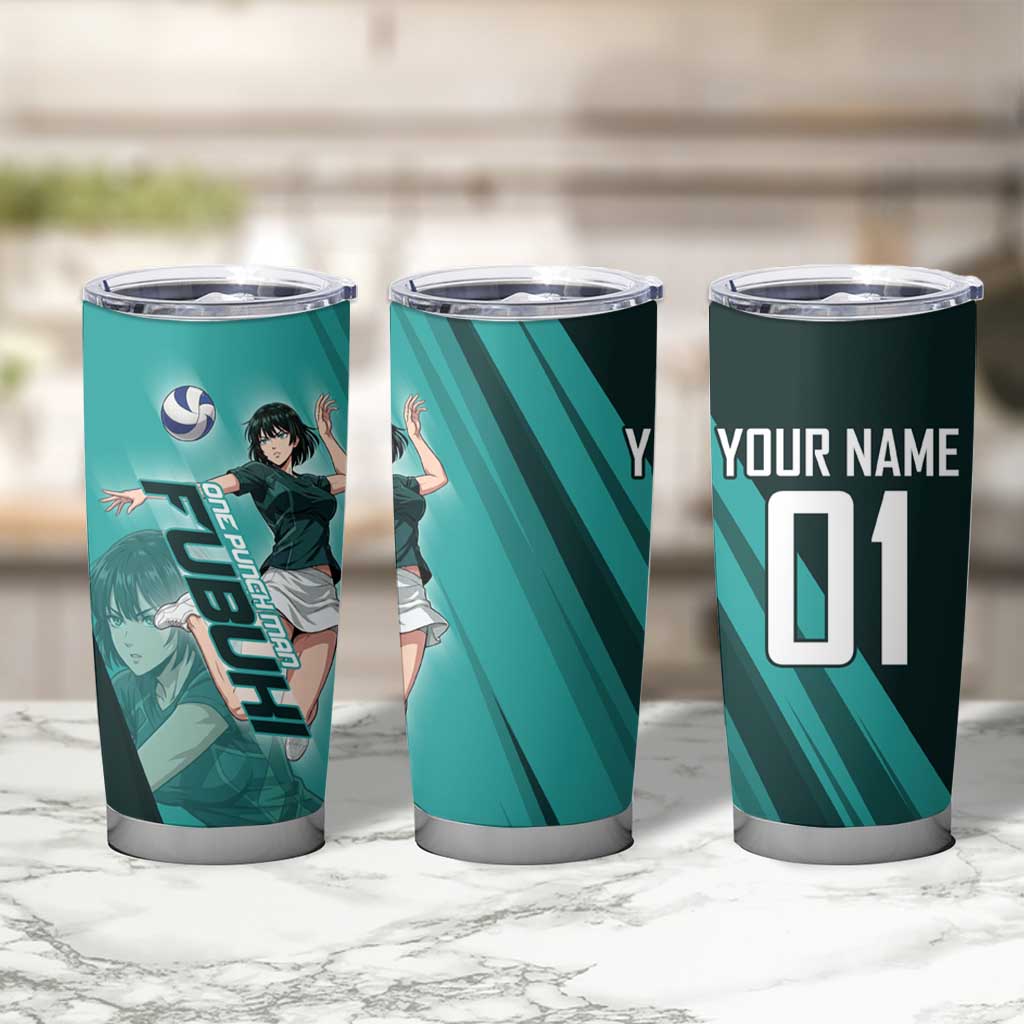 Personalized Fubuki Volleyball Design Tumbler Cup with Teal Athletic Theme and Dynamic Action Pose