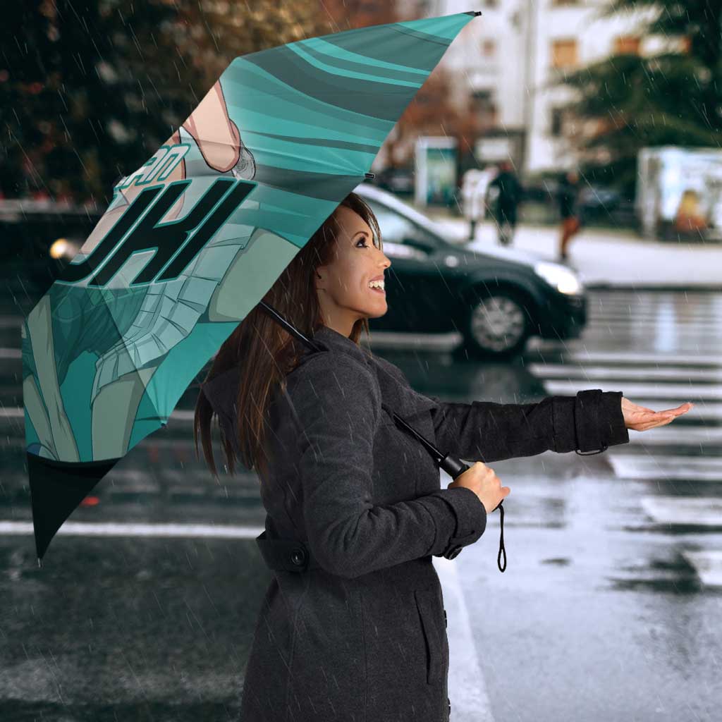 Personalized Fubuki Volleyball Design Umbrella with Teal Athletic Theme and Dynamic Action Pose