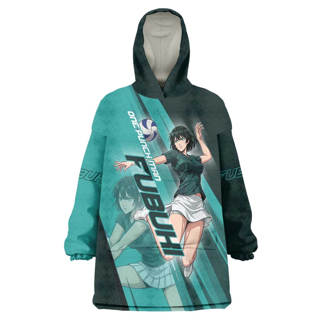 Personalized Fubuki Volleyball Design Wearable Blanket Hoodie with Teal Athletic Theme and Dynamic Action Pose