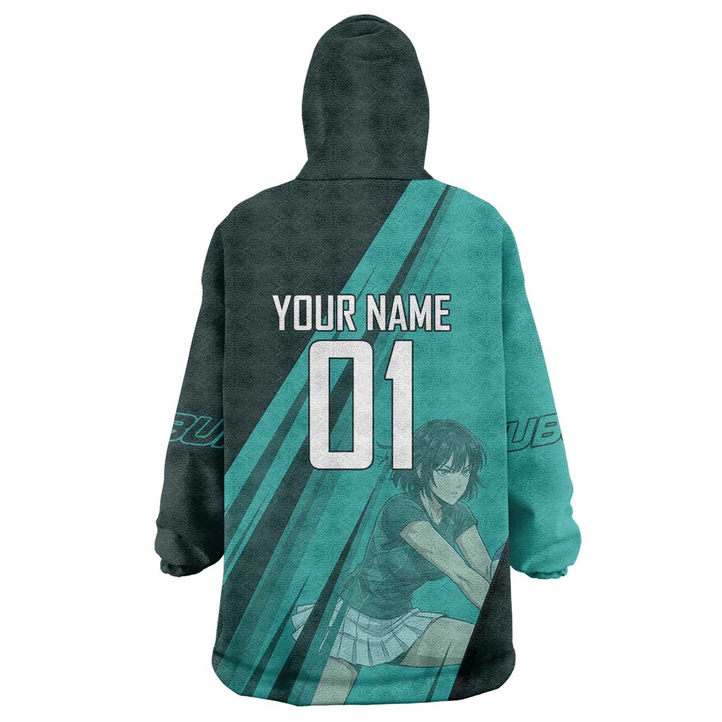 Personalized Fubuki Volleyball Design Wearable Blanket Hoodie with Teal Athletic Theme and Dynamic Action Pose