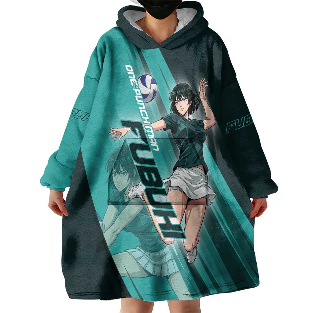 Personalized Fubuki Volleyball Design Wearable Blanket Hoodie with Teal Athletic Theme and Dynamic Action Pose